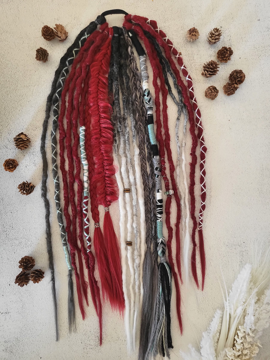 Red, White and Grey Dread Pony, Dreadlock Accessory, Dreadlock Extensions, Dread Wrap